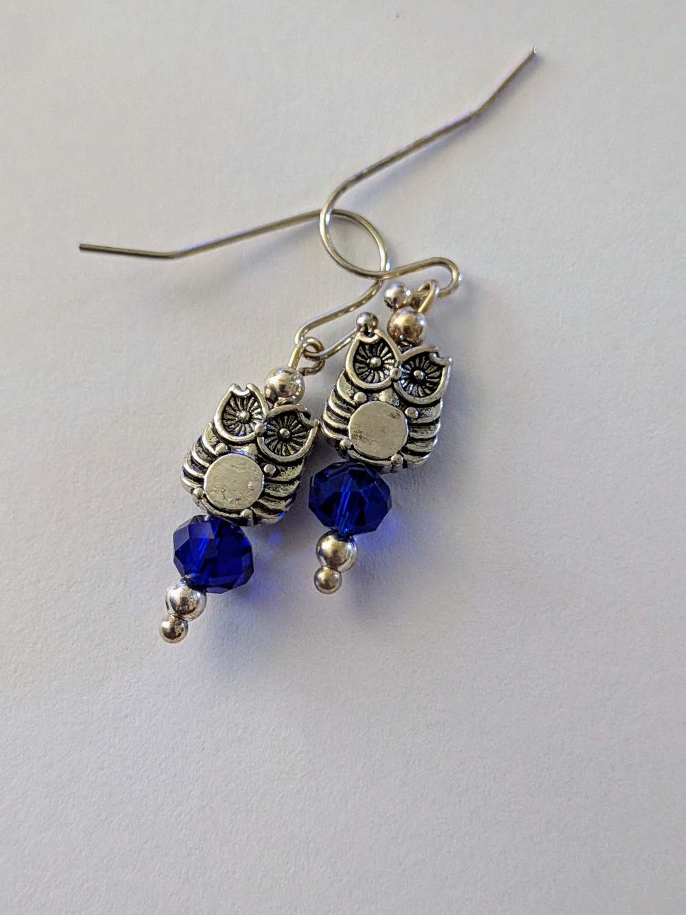 Owl Drop Earrings with Royal Blue Crystal Beads